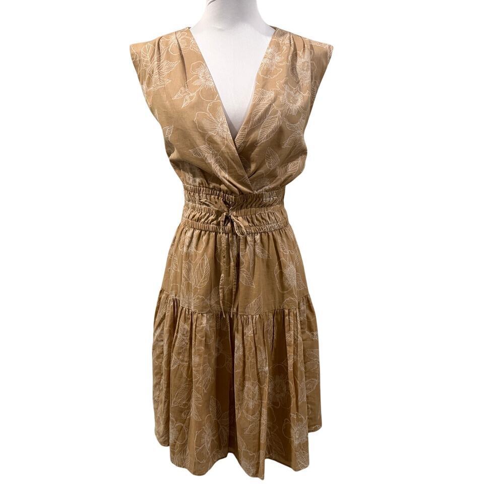 Tommy Hilfiger Tan Cotton Floral V Neck Midi Dress 12 Resort Vacation Cruise